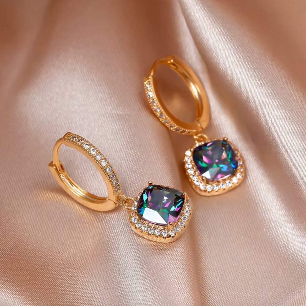 NEW 14k Gold Mystic Topaz Sapphire Diamond Hoop Earrings - Picture 3 of 5